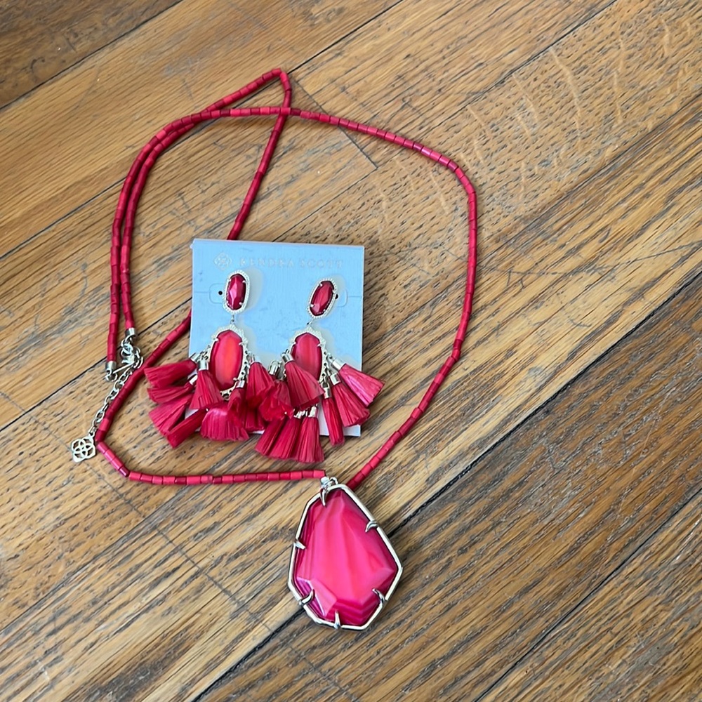 Kendra Scott red and gold earrings and necklace